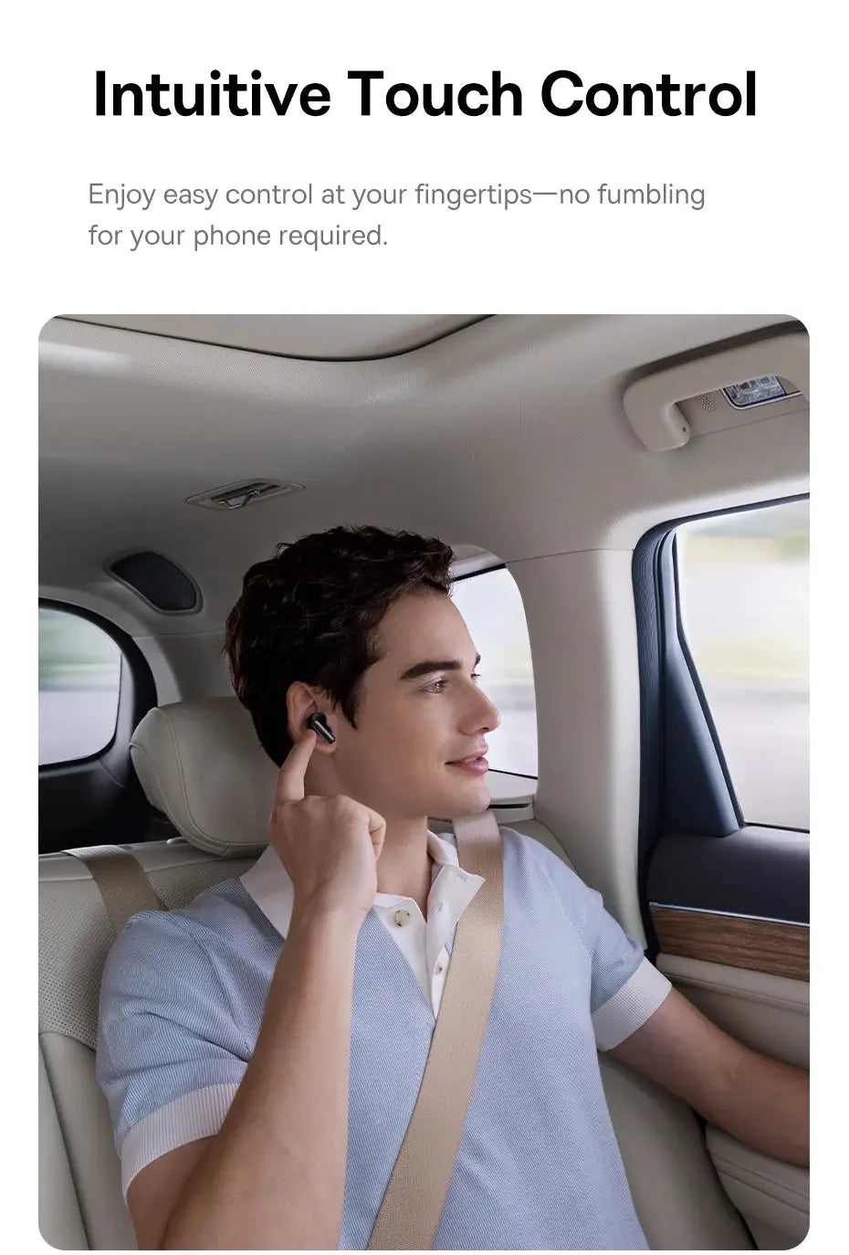 Baseus EP10 Pro ANC wireless earbuds in black worn by a man inside a car