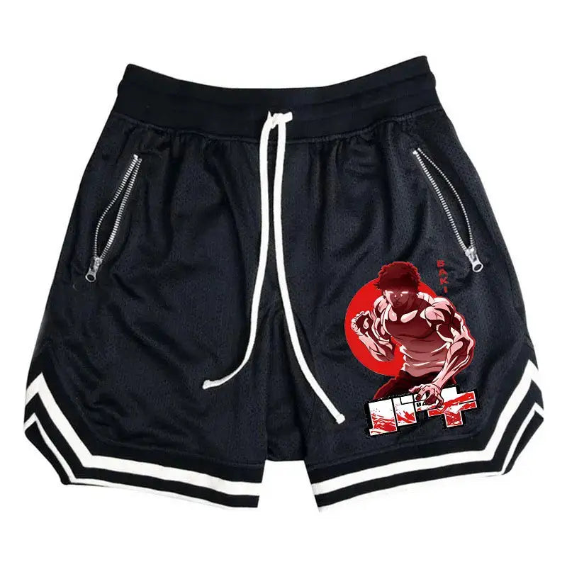 Men's basketball shorts in black mesh with white drawstring, zip pockets, white trim, and red graphic on leg