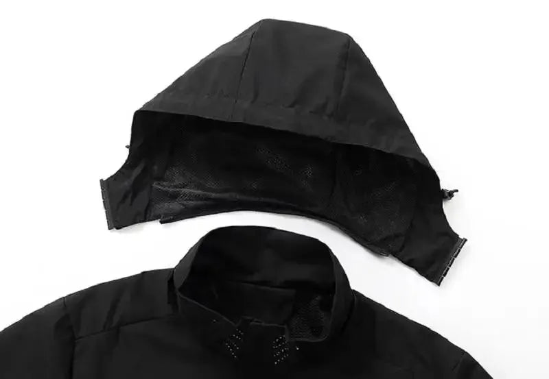 Men's black lightweight waterproof rain jacket with hood for outdoor use