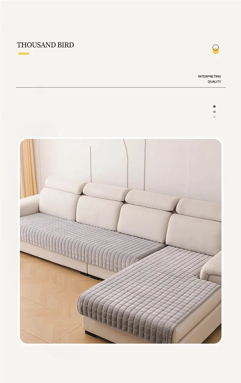 Flannel plaid sofa cover with grey quilted seat cushions on a beige sectional sofa