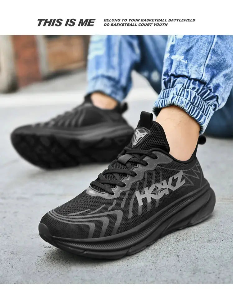 Men's black mesh running shoes with cushioned sole, lace-up design, lightweight breathable athletic footwear