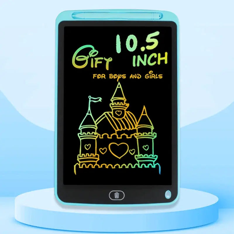 Simples Market 10.5 inch kids LCD drawing tablet, turquoise frame with stylus, colorful castle drawing on screen