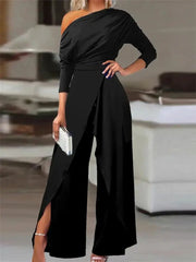 Simples Market black one-shoulder wide-leg jumpsuit with ruched bodice and split hem