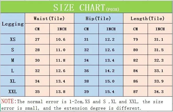 Seamless knitted leggings size chart showing waist, hip, and length measurements for XS–XXL (cm/inches).