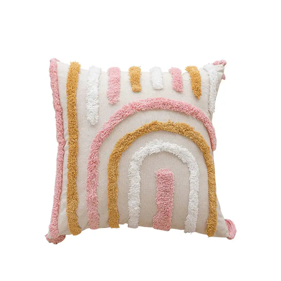Pink cotton tufted pillow cover with tassels in a boho arches design, Simples Market