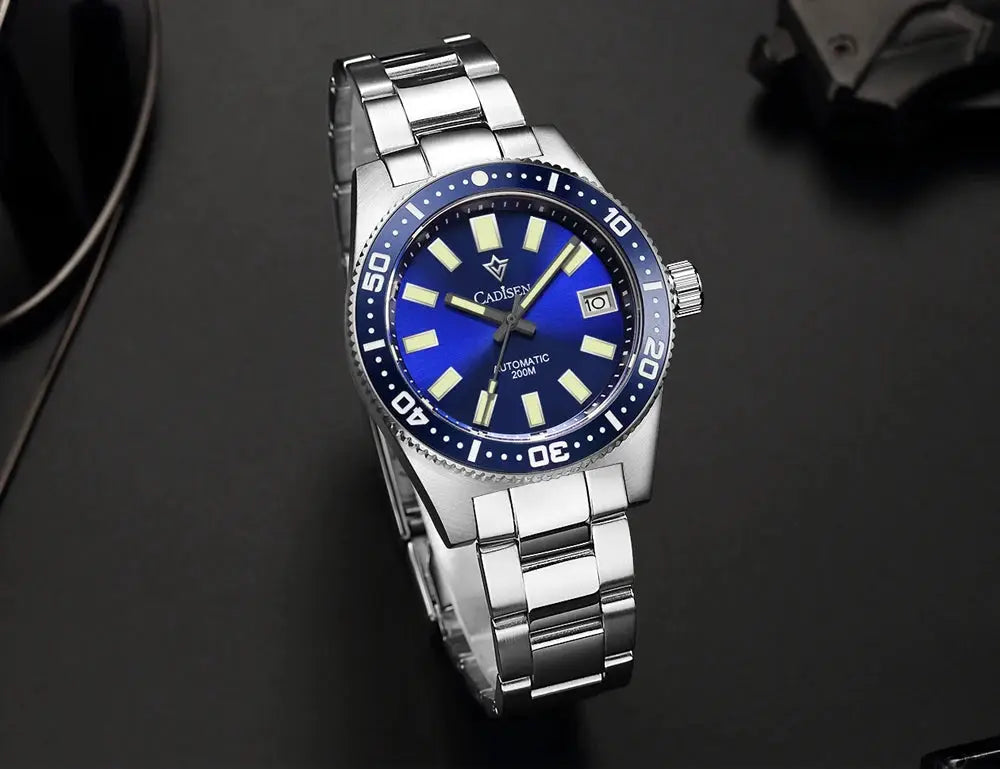 CADISEN 38mm diver watch, stainless steel bracelet, blue dial with date, luminous markers, sapphire glass, automatic