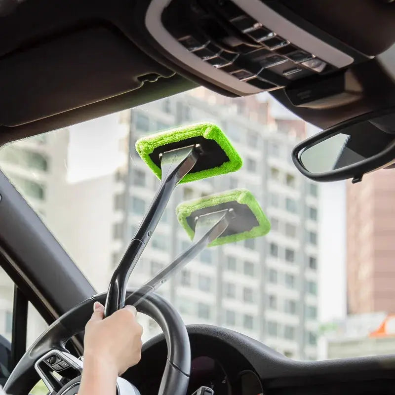 Car window cleaning brush set with neon green foam pads on black handles; 2 pieces, Simples Market