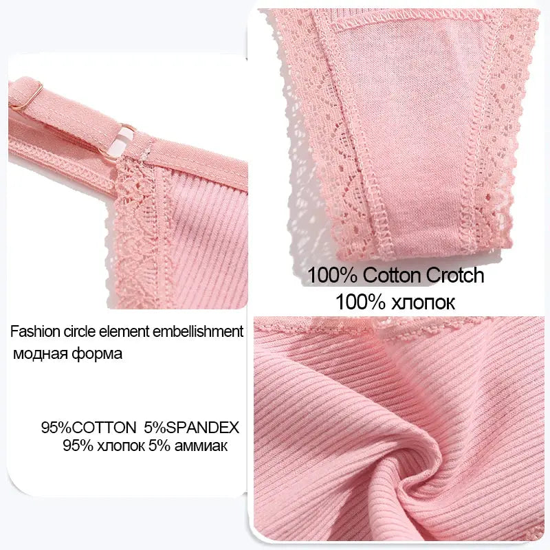 FINETOO pink 5-piece set of cotton G-string panties with lace trim and adjustable waist; 100% cotton crotch