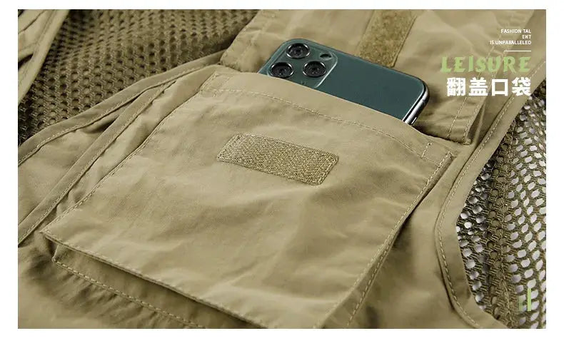 Men's outdoor mesh vest by Simples Market; tan with multiple pockets and sleeveless design.