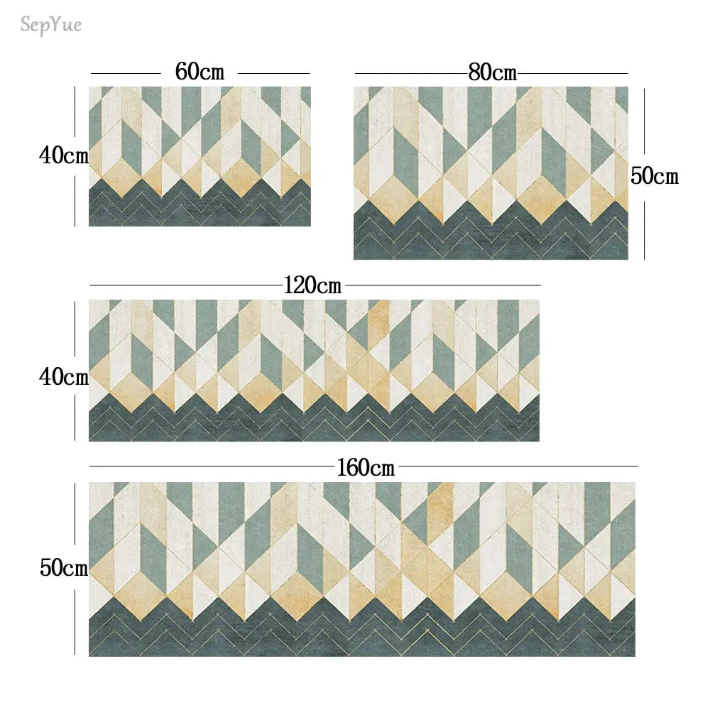 Simples Market non-slip crystal velvet kitchen mat set in geometric diamond teal, beige and cream (4 sizes)