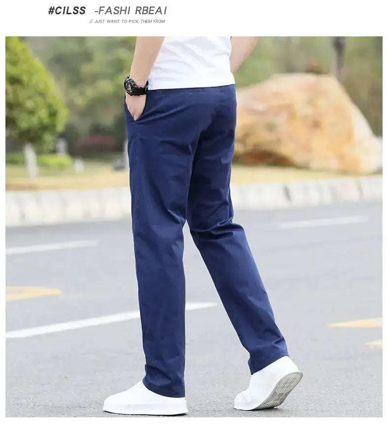 Men's navy cotton chinos, breathable straight-leg casual trousers, sizes W28–W40