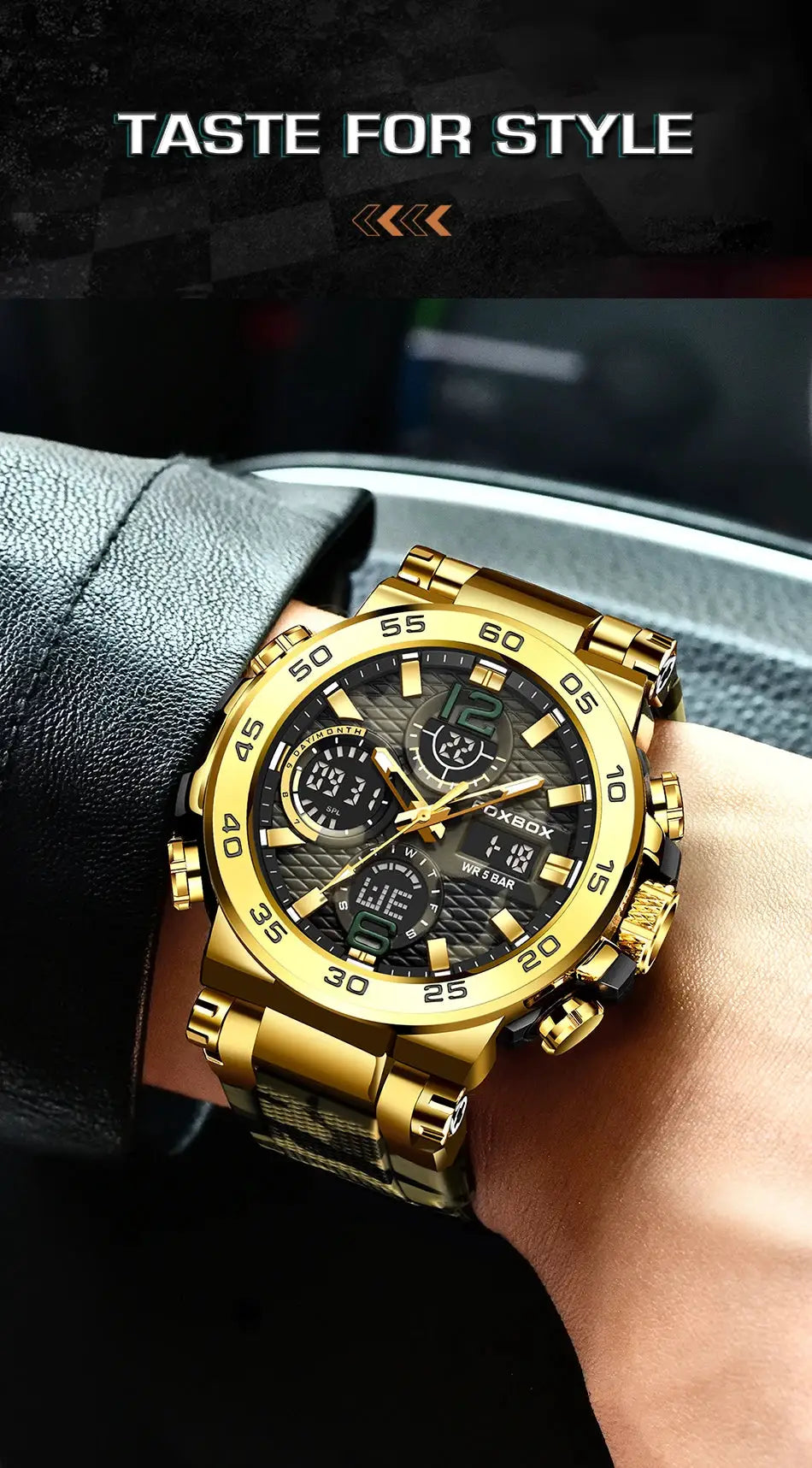 LIGE electronic men's wristwatch with gold-tone stainless steel band and black dial LED display