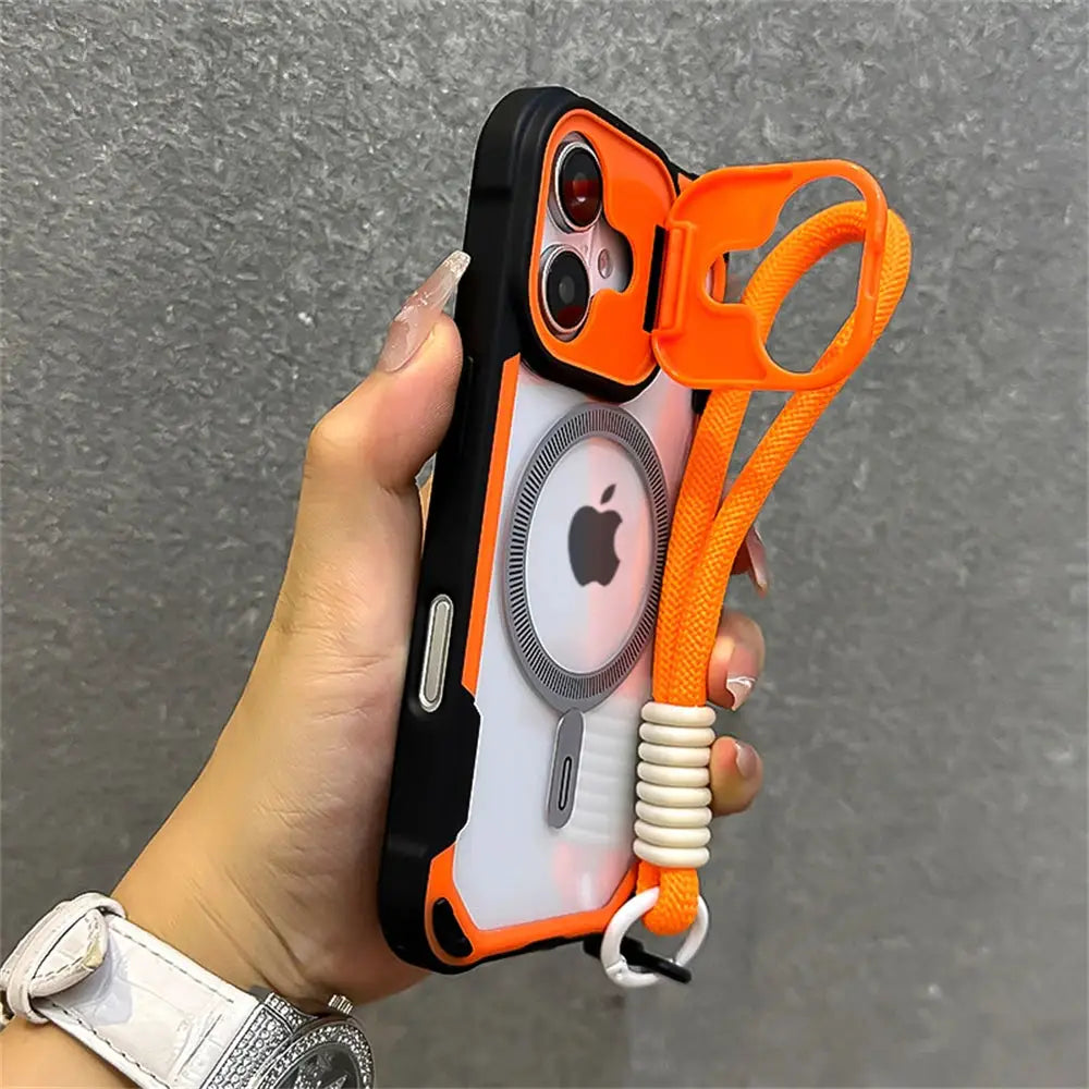 Armor Candy Color Clash MagSafe phone case with orange wrist strap for iPhone 11–16 Pro Max