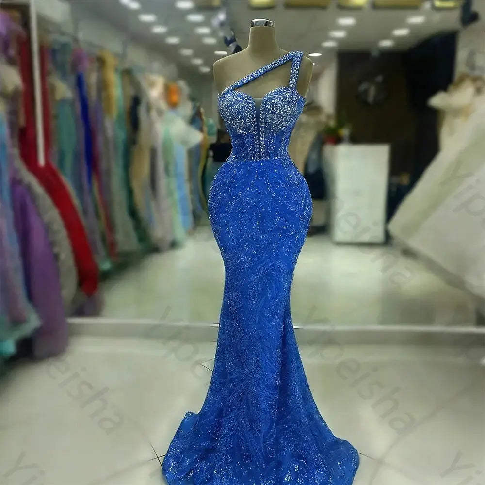One Shoulder Backless Sequin Mermaid Evening Gown With Beading