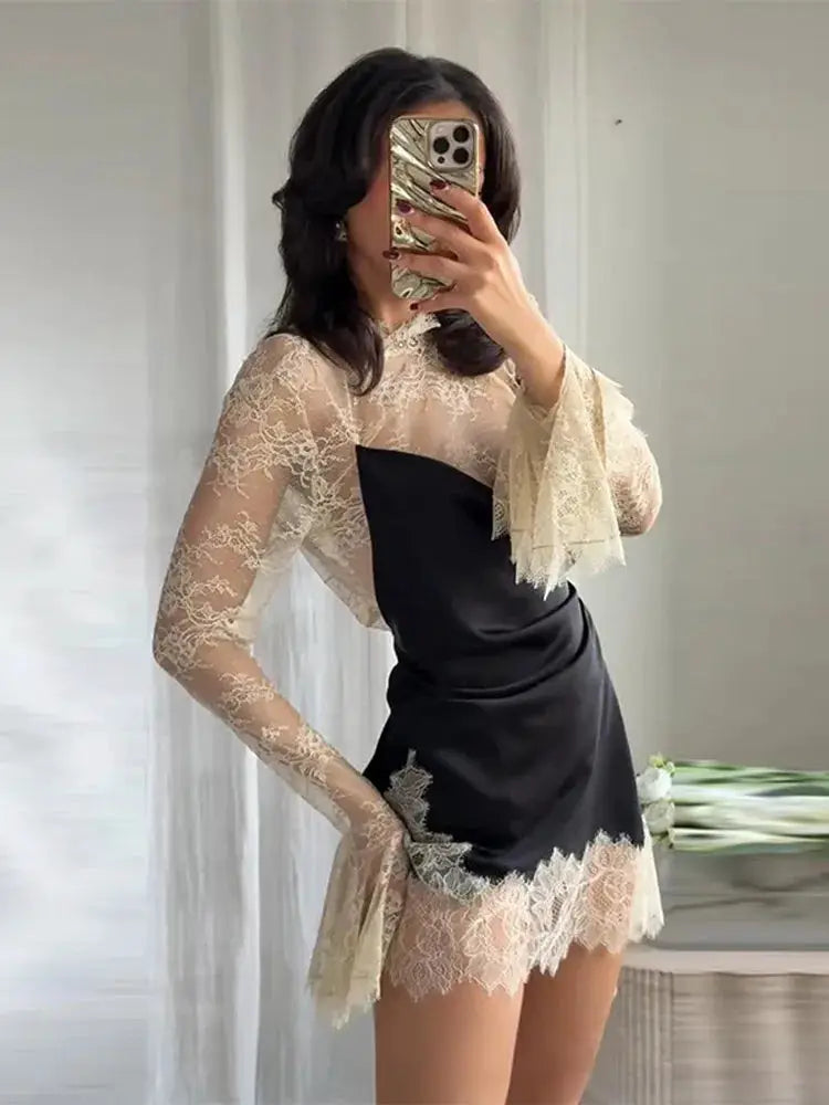 Elegant Satin Dress With Lace Trim For Women High Neck Color Block Y2K
