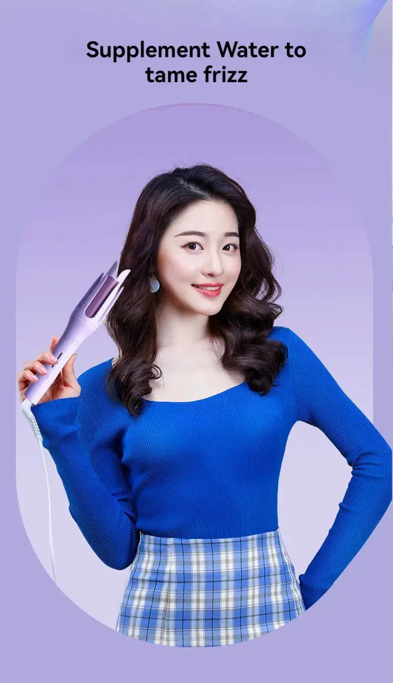 Simples Market Anion automatic hair curler; portable mini electric curler in lavender, held by a model.
