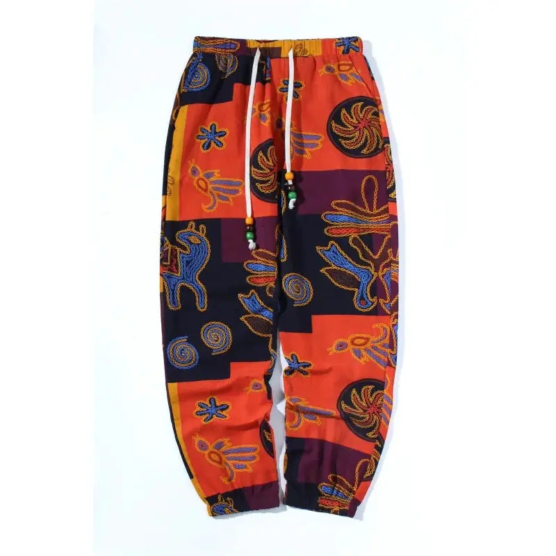 Men's boho tribal print lightweight linen-cotton jogger pants with pockets and drawstring