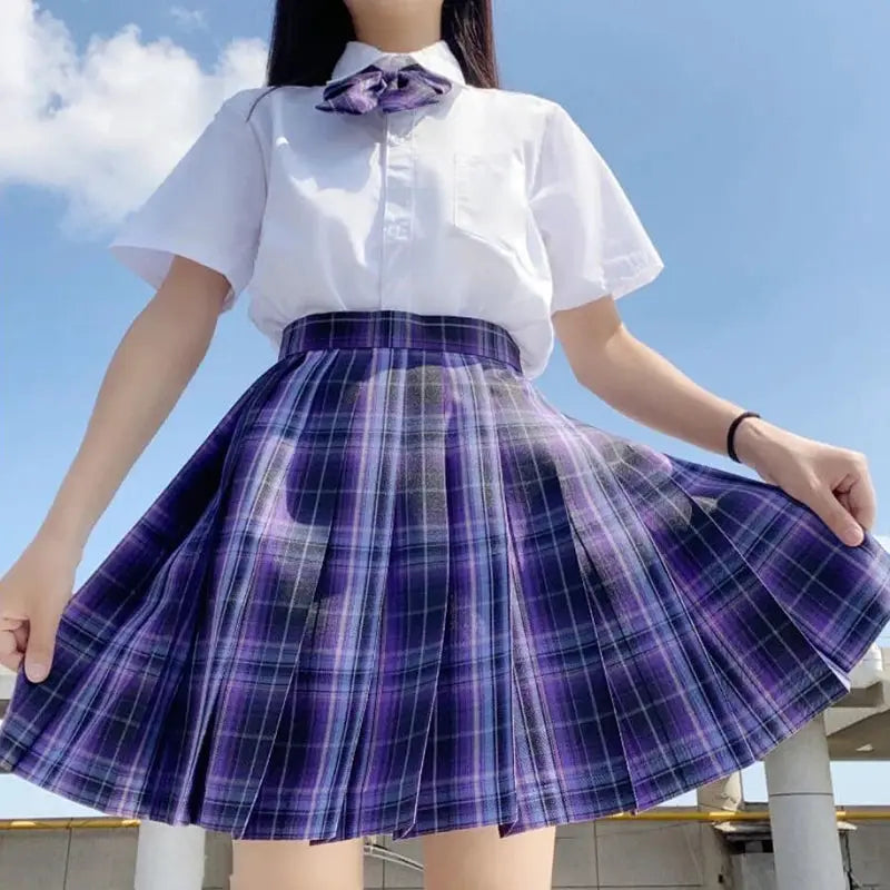 ZOKI plaid women's pleated high-waist skirt in purple plaid, schoolgirl style