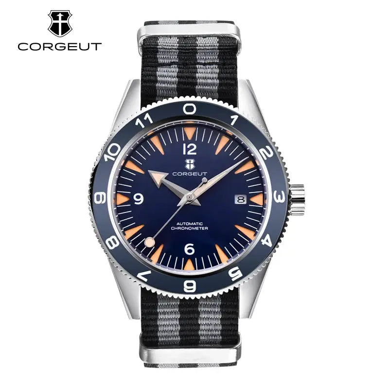Corgeut 41mm automatic diver watch with sapphire glass, blue dial, orange luminous markers, striped nylon strap, 100m water resistant