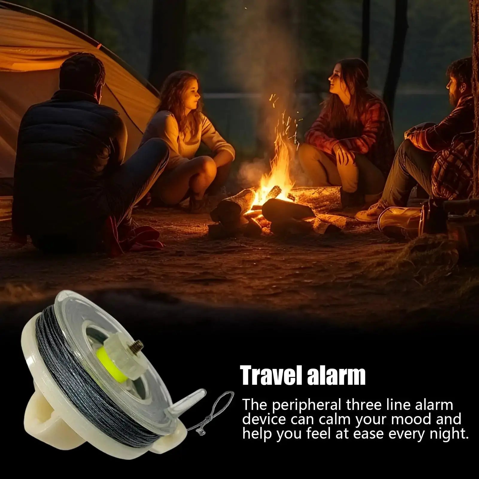 Simples Market perimeter alarm trip wire for camping; weatherproof security line coil shown with campers at a campfire.