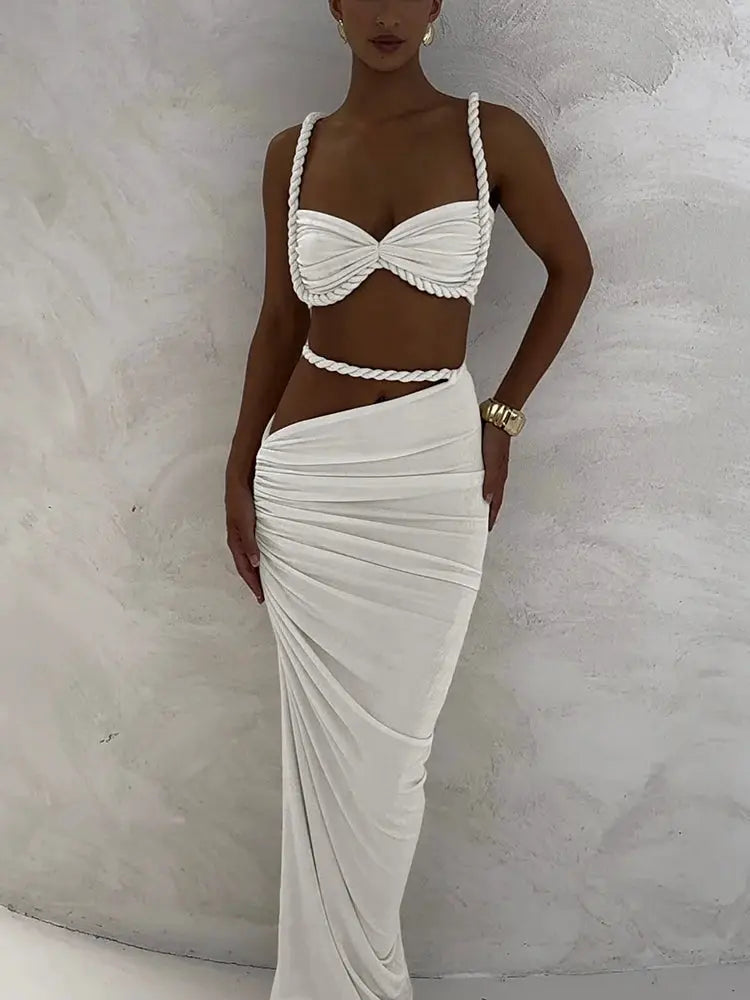 Kliou Woven Sexy Women Two Piece Set With Pleated Crop Camisoles And High Waist Maxi Skirt Contouring Stretch Fabric