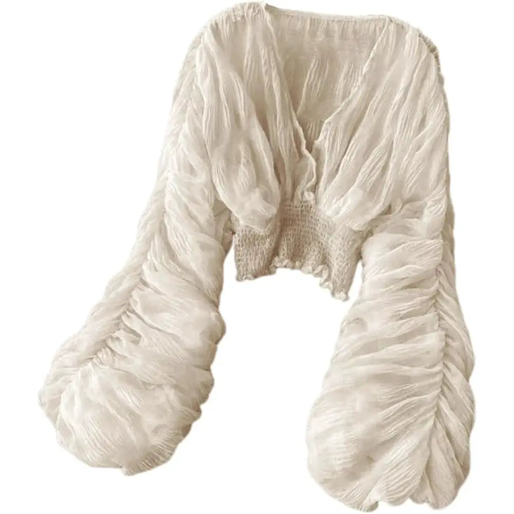Draped chiffon blouse for women, ivory cropped top with V-neck, puff long sleeves and smocked waist.