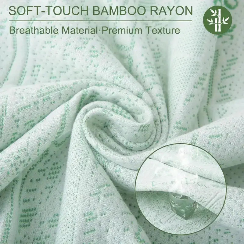 Bamboo mattress protector mint green, breathable bamboo rayon fabric with premium texture.