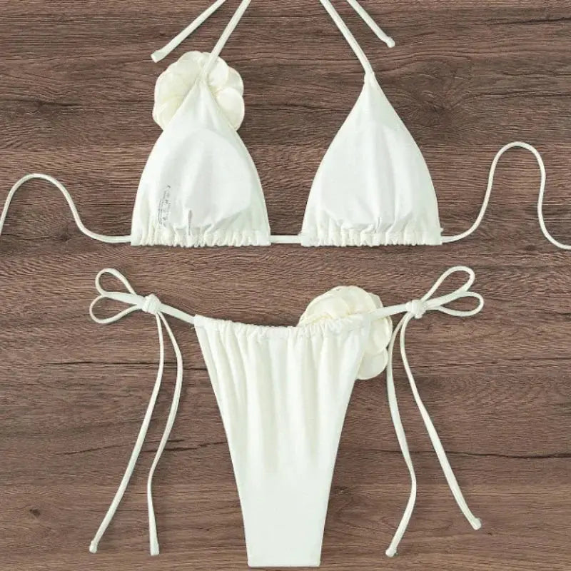 Sexy 3D Flowers Halter Strappy Bikini Women Swimwear Two Piece Swimsuit Set Size S To L For Beach Bathing