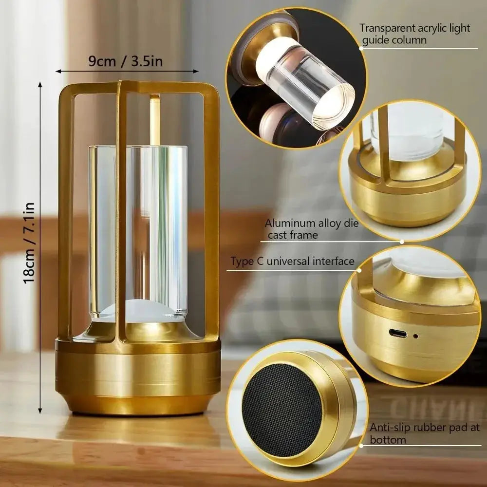 GGbingo cordless LED table lamp in gold aluminum frame with acrylic light guide; rechargeable, Type-C, Simples Market.