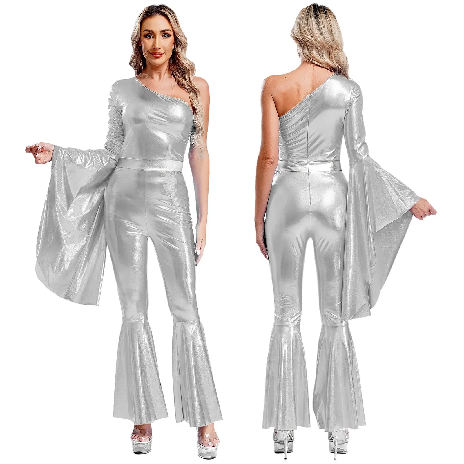 Womens silver metallic disco jumpsuit with one-shoulder top and bell sleeves, Simples Market