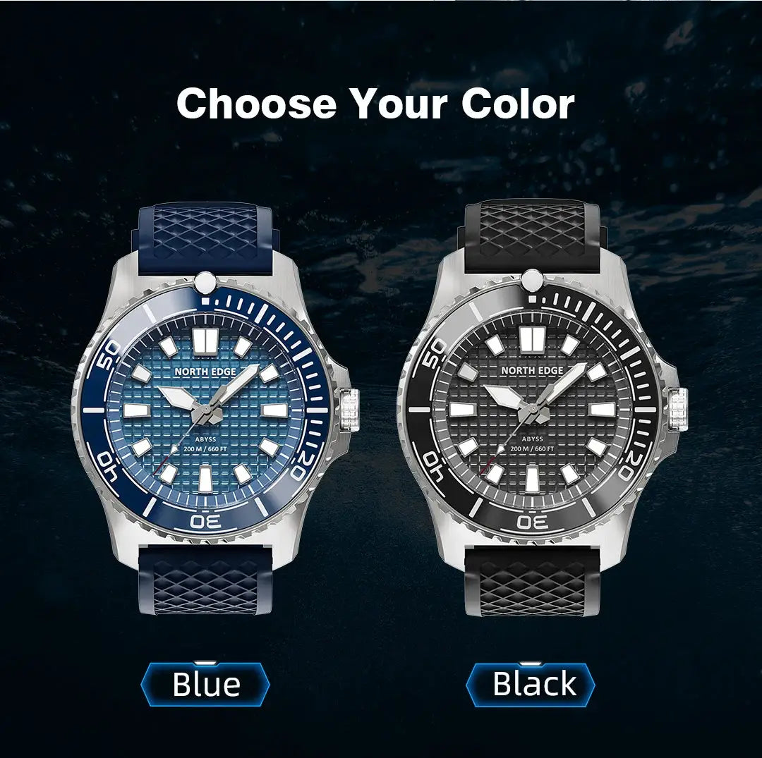 North Edge Abyss diving watch pair in blue and black, 316L steel case, solar-powered 200m water resistant