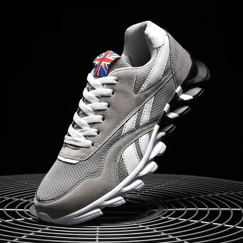 Men's fitness sneakers, gray mesh suede upper with a thick cushioned white sole and Union Jack tongue