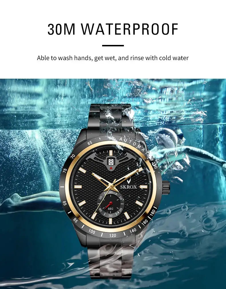 SKROX men's stainless steel luxury watch with black dial and gold bezel, automatic movement, 30m waterproof