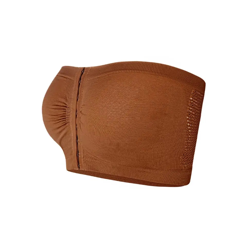 Women's plus-size strapless bandeau bra with front closure, seamless wireless, tan brown