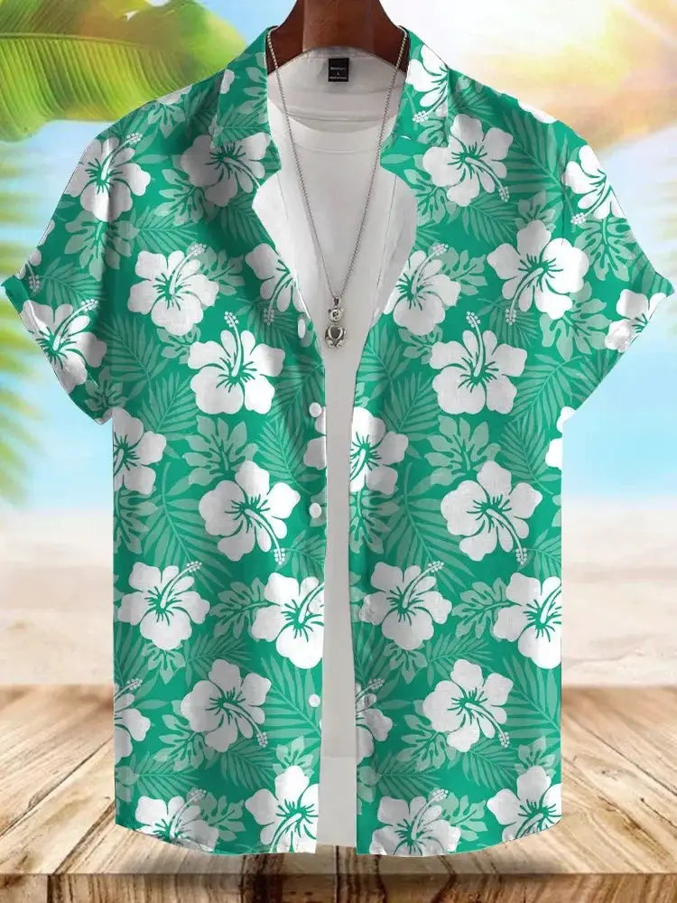 Seaside Hawaiian style men's short-sleeve shirt in teal with white hibiscus print; casual beachwear by Simples Market