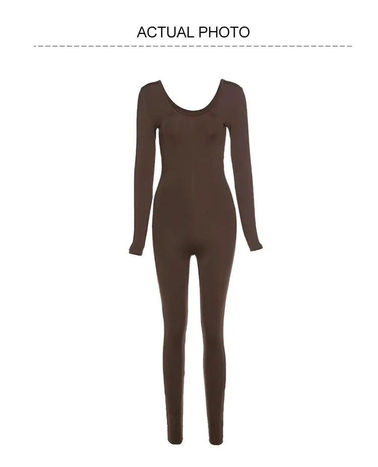 Women's brown long-sleeve skinny jumpsuit, solid color pull-over casual fitness wear