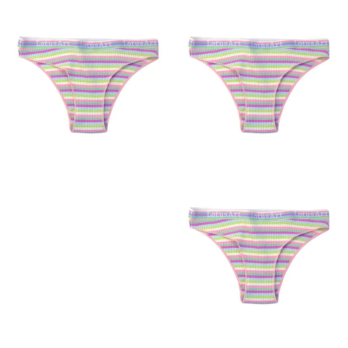 3-piece cotton striped panties set; pastel rainbow low-rise briefs, breathable underpants with LotusArt waistband