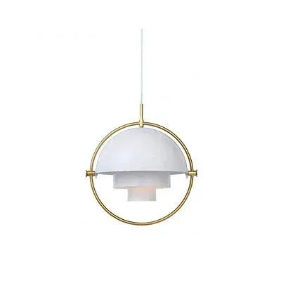 Pendant light with gold circular ring and white shade, modern hanging lamp for kitchen island.