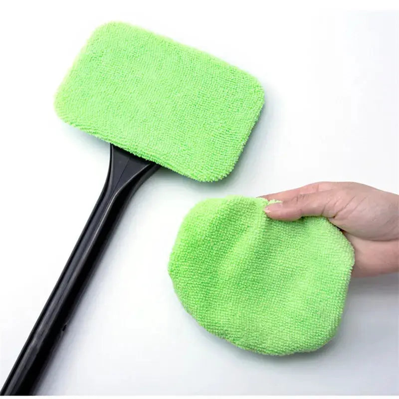 Car window cleaning brush accessory; lime green microfiber two-piece set with rectangular brush head and round pad by Simples Market