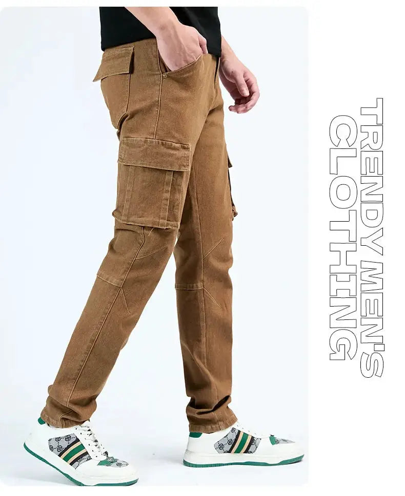 Men's Simples Market denim cargo pants with elastic waist, tan washed color, multiple pockets, slim fit