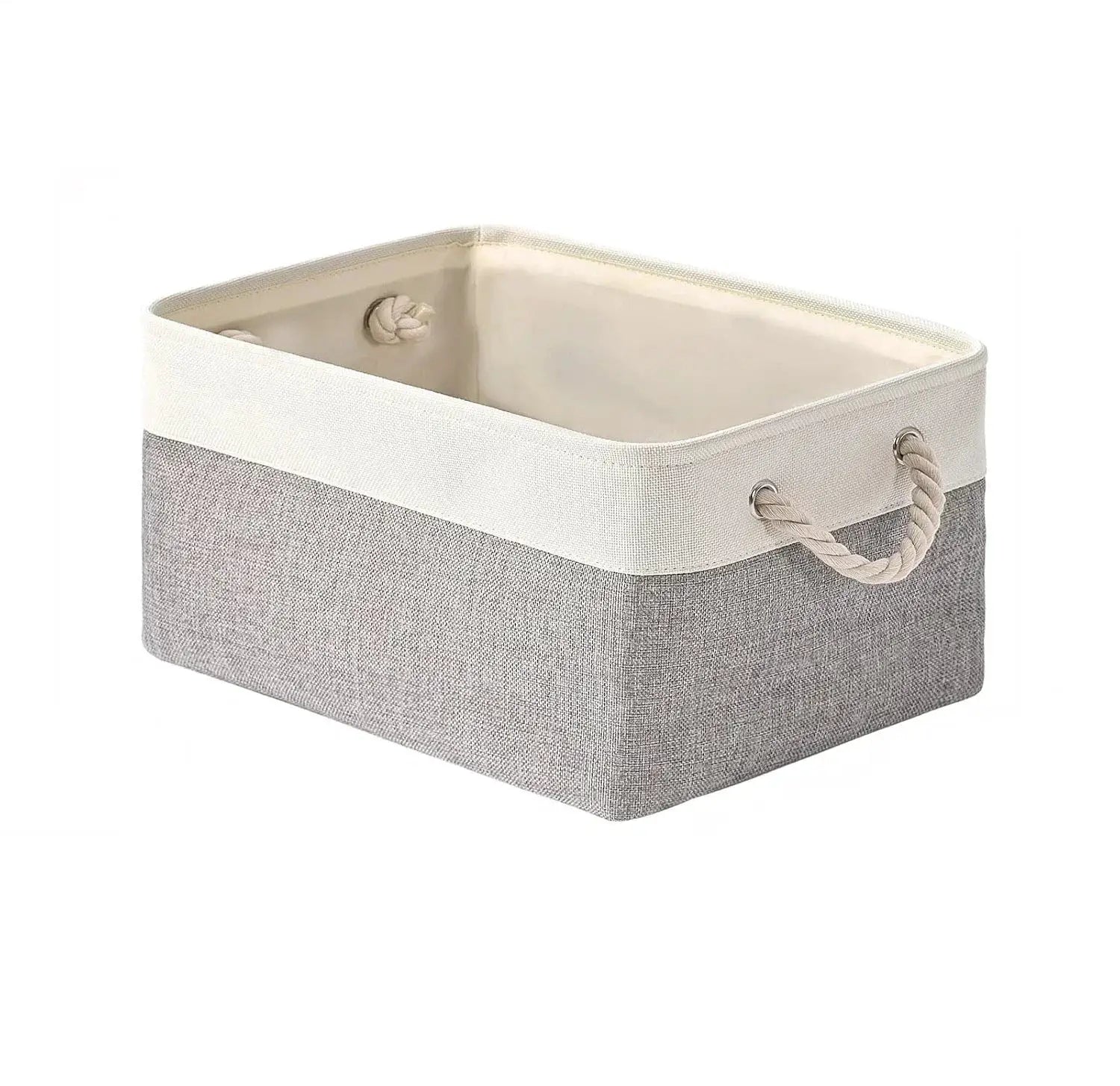 Linen storage basket by Simples Market with rope handles gray fabric and white trim large capacity