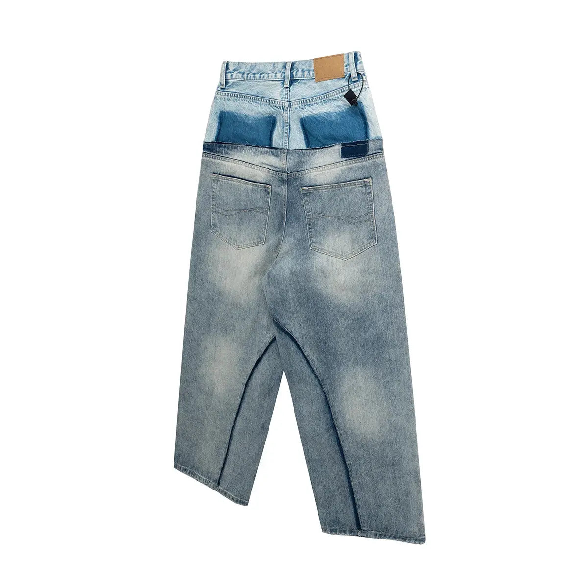 Baggy patchwork denim jeans by Simples Market; light-wash blue, double-layer waist patchwork, straight loose fit