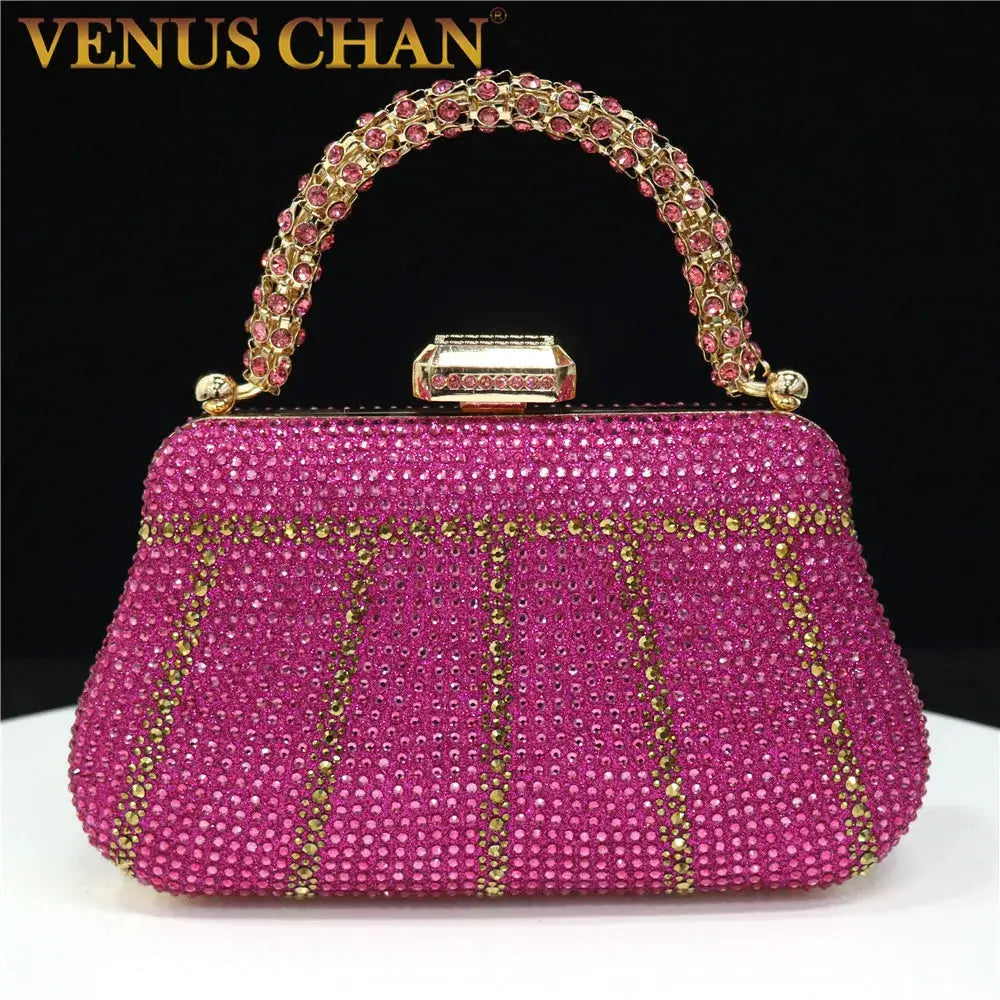 Venus Chan pink rhinestone evening clutch with diamond-design body and jeweled handle