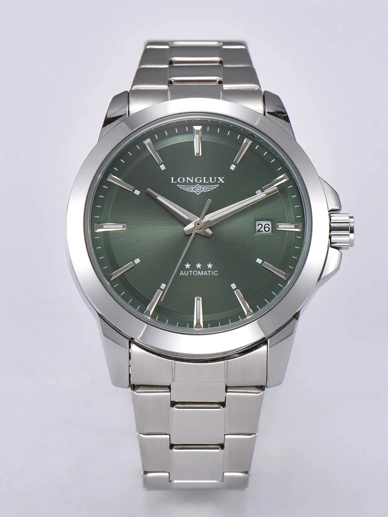 Men's automatic watch by Longlux with stainless steel band and green dial, date display