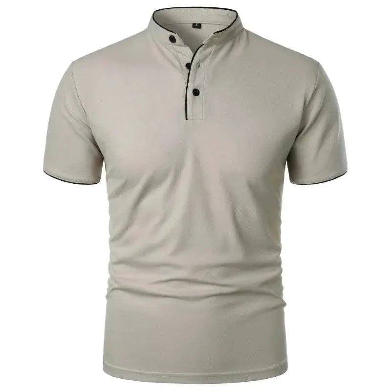 Men's beige short-sleeve polo shirt with collar and button placket