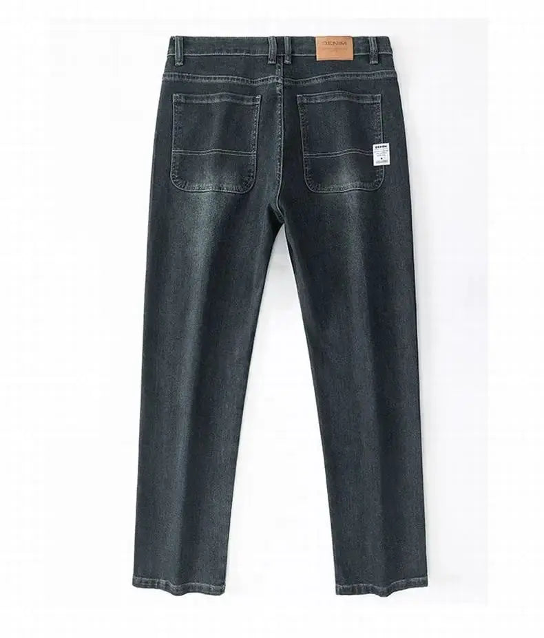 Simples Market men's baggy denim jeans, dark wash with back pockets and leather patch waistband