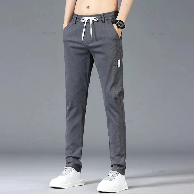Men's casual slim-straight pants with elastic drawstring waist in blue-gray