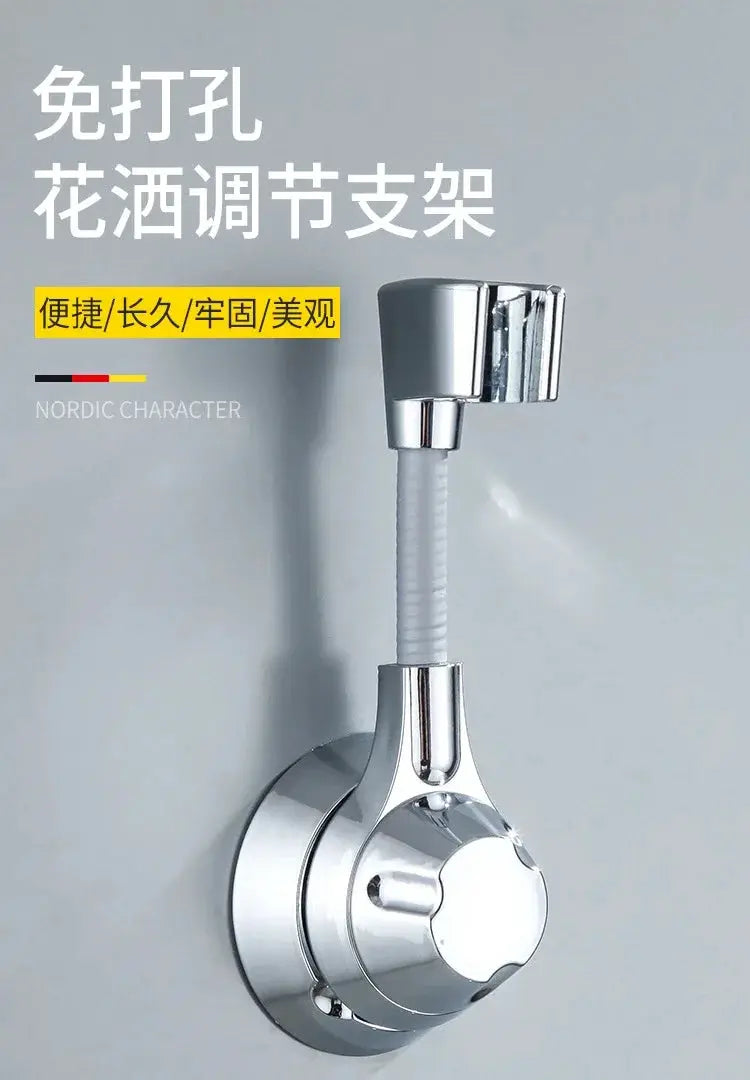 Suction cup shower head holder with adjustable multi-angle swivel arm in chrome finish