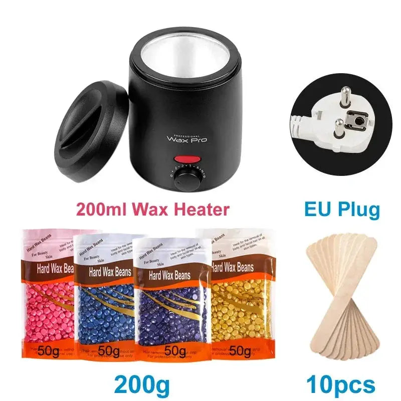 200ml wax heater, black with EU plug; includes 4x50g hard wax beans and 10 wooden spatulas