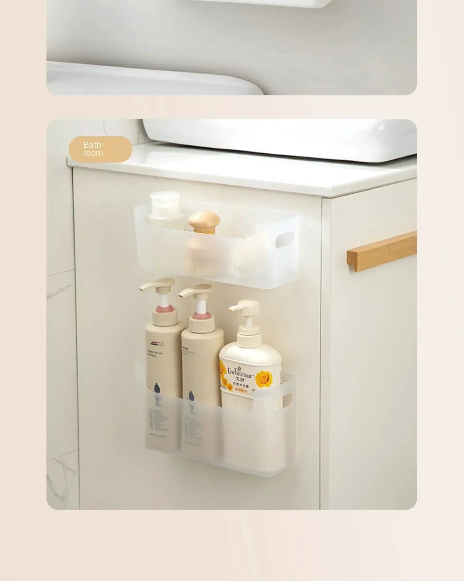 Simples Market transparent cabinet door organizer with bottle pockets inside a white kitchen cabinet